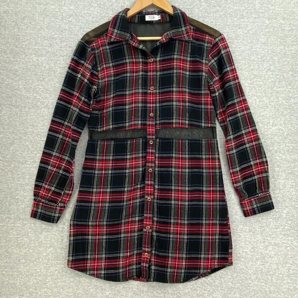 Tobi Dress Womens Extra Small Red Plaid Mesh Cut Out Button Up Classic Holiday